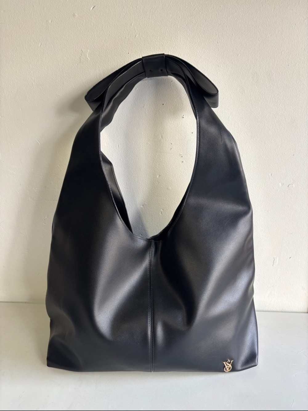 Black Vegan Leather Tote with Gold Logo Accent